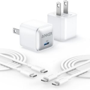 Anker Nano Charger, 2-Pack 20W Compact Fast Charger with PowerIQ Technology, for iPhone 15/15 Plus / 15 Pro / 15 Pro Max, Galaxy, Pixel 4/3, iPad, and More (2 USB-C Cables Included)