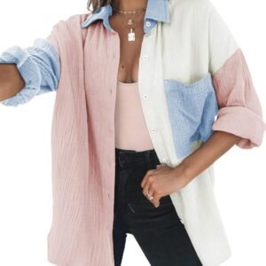 Dokotoo Womens Color Block Button Down Shirts Long Sleeve Oversized Boyfriend Blouses Tops