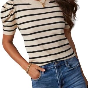 Dokotoo Women’s Short Puff Sleeve Knit Tops 2024 Trendy Crewneck Striped T Shirts Casual Summer Blouses