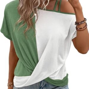 Dokotoo T Shirts for Women Twist Knot Color Block Loose Fit Cold Shoulder Tops for Women Fashion 2024