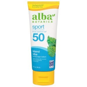 Alba Botanica Sunscreen Lotion, Sport, SPF 50, Fragrance Free, 3 oz (Packaging May Vary)