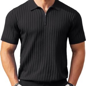 COOFANDY Men’s Zipper Polo Shirts Short Sleeve Ribbed Knit Polo T Shirts Fashion Casual Golf Shirts