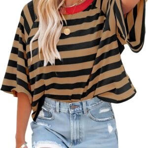 Dokotoo Tops for Women Striped 2024 Fashion T Shirts for Women Color Blocking Design Loose Basic Tee