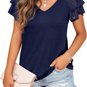 Womens Summer Tops Ruffle Sleeve with Lace Short Sleeve V Neck Shirts Casual Loose Fit T-shirts