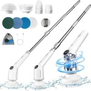 Electric Spin Scrubber,Cordless Cleaning Brush,Shower Scrubber with Long Handle & 8 Replaceable Brush Heads,Electric Scrubber for Cleaning with 3 Adjustable Speeds for Bathroom Floor Til