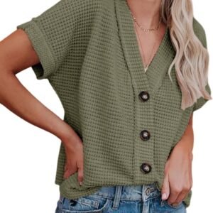 Dokotoo Womens Summer Tops 2024 Waffle Knit Button Down Shirts Casual V Neck Short Sleeve Shacket Jacket Dressy Blouses