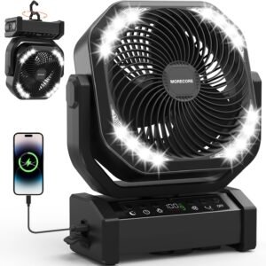 MORECORE 20000mAh Rechargeable Camping Fan with Light, 112HRS Running, 9-Speed, Auto Oscillating, Timer, LED Digital Display, 270°Pivot with Hook for Tent RV Emergency Garage-Black