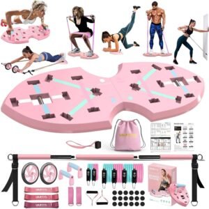 LALAHIGH Portable Home Gym System for Men and Women:Push Up Board, Pilates Bar & 20 Fitness Accessories with Resistance Bands and Ab Roller Wheel-Professional Strength Training Exercise