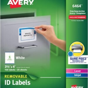 Avery Removable ID Labels, Sure Feed Technology, Removable Adhesive, 3-1/3″ x 4″, 150 Labels (6464)