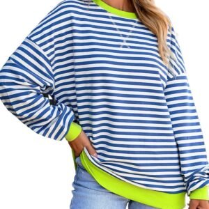 AlvaQ Womens Oversized Sweatshirt 2024 Casual Crewneck Long Sleeve Colorblock Striped Pullover Tunic Tops Outfits