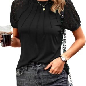 Womens Fashion Tops Crewneck Sexy Patchwork Lace Short Sleeve Tee Shirts Casual Business Knitted Blouses