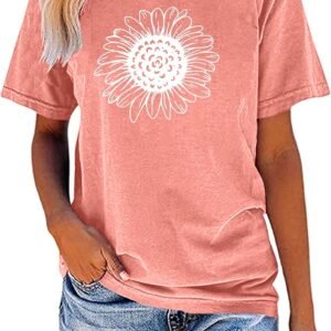 EADINVE Women’s Summer Short Sleeve Cute Sunflower Graphic Printed Tee Vintage T Shirt Cotton Tops Novelty Cool Shirts