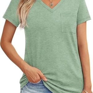 AUTOMET Womens T Shirts Short Sleeve V Neck Tops with Pockets Summer Fashion Trendy Soft Casual Comfy Outfits Clothes 2024