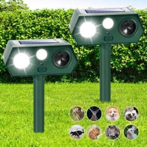 2 Pack Solar Ultrasonic Animal Repellent Outdoor, 2024 Newest Cat Deterrent for Deer Squirrel Cat Dog Raccoon Rabbit Skunk, Deer Repellent Device with Explosive Flashing Light & PIR Sensor for Yard