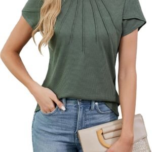 Blooming Jelly Womens Dressy Casual Blouses Business Work Tops Summer Short Sleeve Shirts Crew Neck Waffle Kint Tshirts