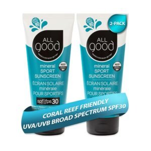 All Good Sunscreen – Sport Mineral Sunscreen Lotion, Reef Friendly, SPF 30+ for Face & Body, Water & Sweat Resistant, 2-pack (3 oz)